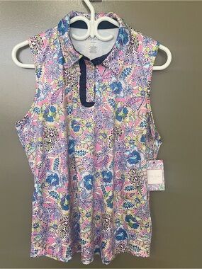 Stella Parker sport sleeveless golf polo with ruffle placket trim size Large NWT